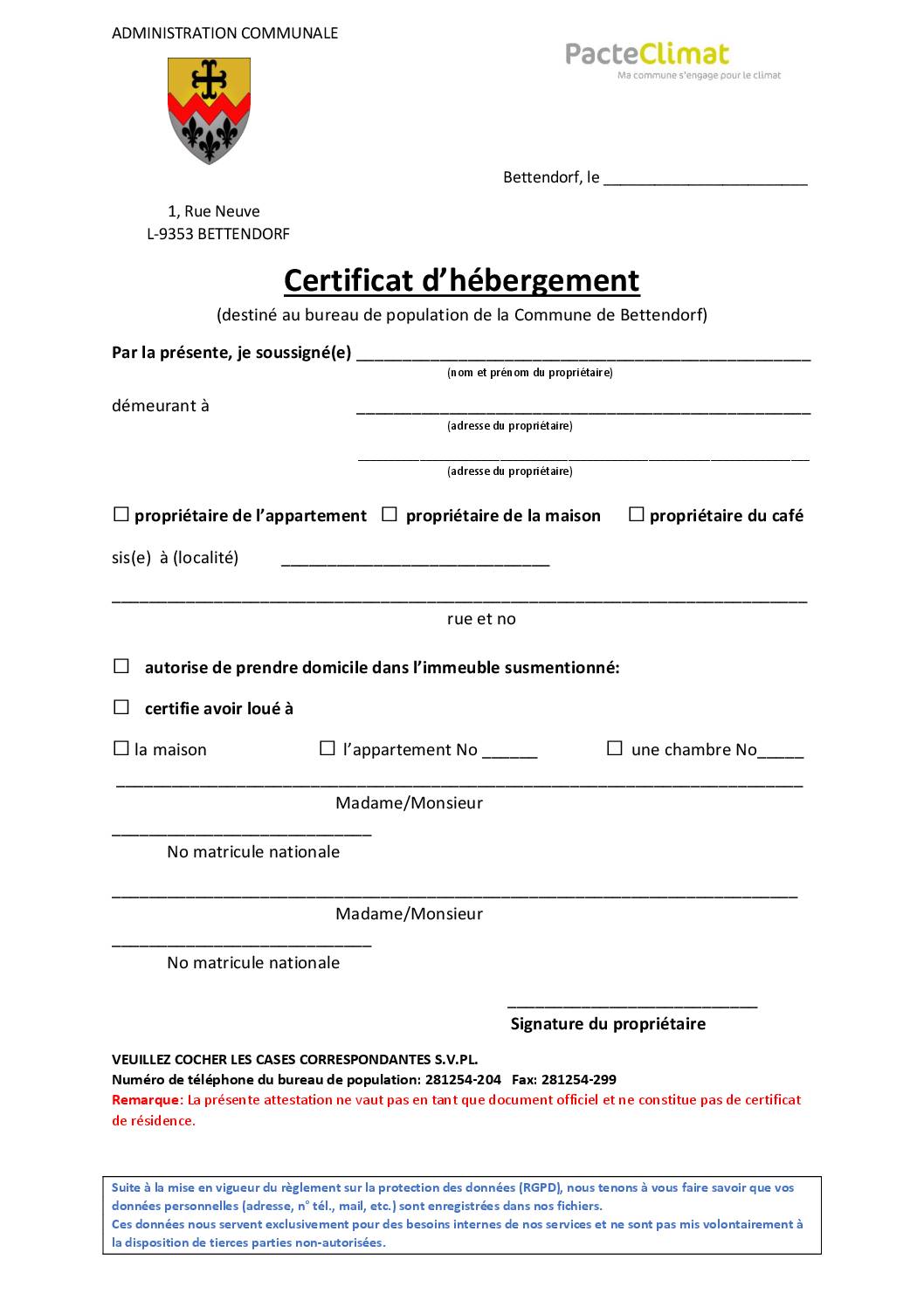 Certificat d&rsquo;hébergement