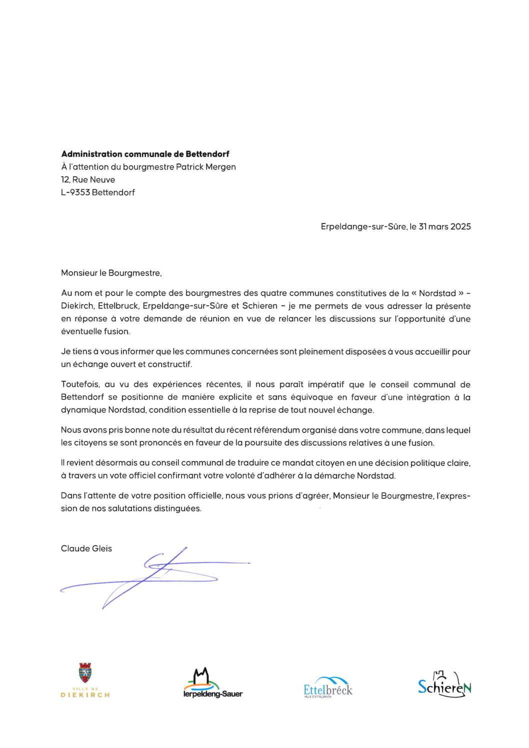Réponse à l&rsquo;invitation à une réunion en présence du Conseil communal de Bettendorf