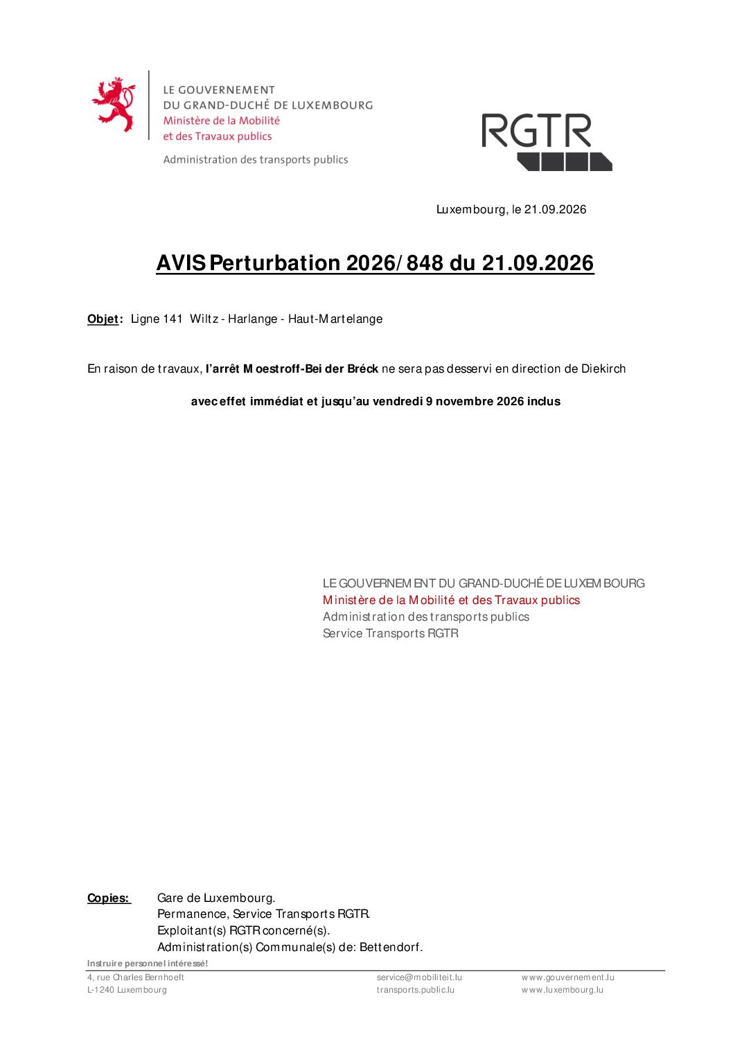 Avis perturbation 2026-848 du 21.09.2026
